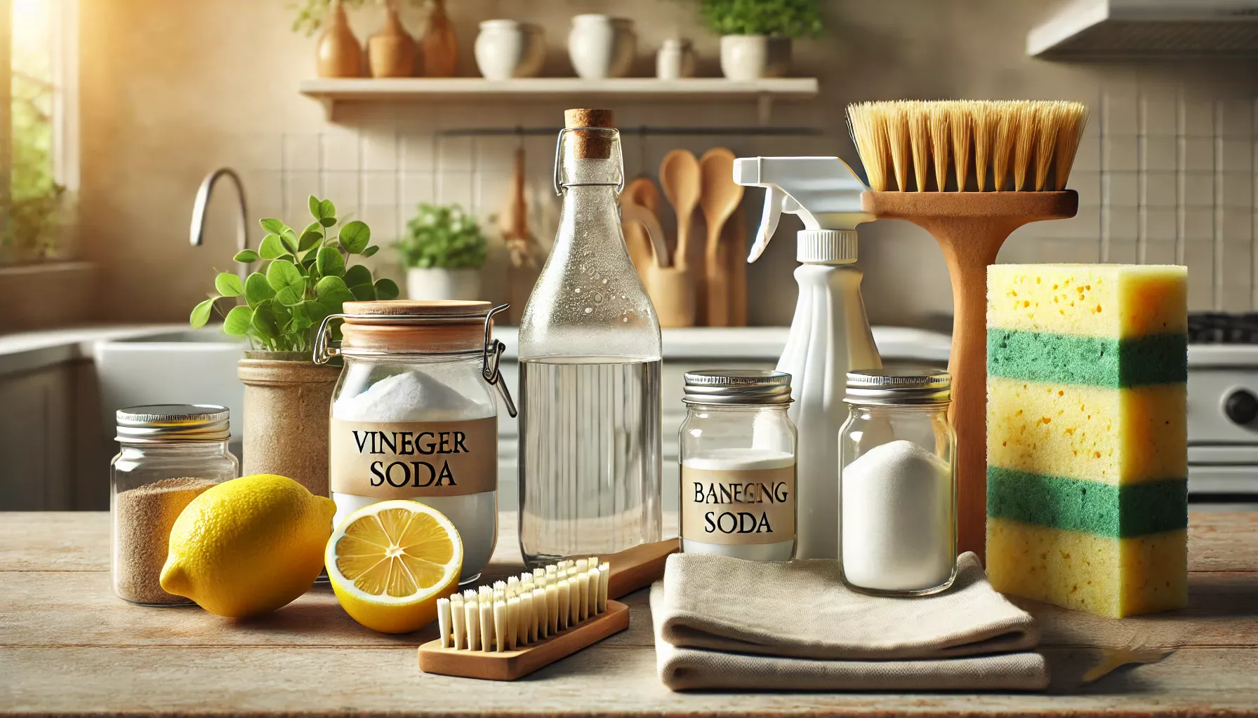En samling miljövänliga rengöringsprodukter som ättika, bikarbonat och citron arrangerade på en köksbänk, tillsammans med naturliga städredskap som en träborste och återanvändbara trasor